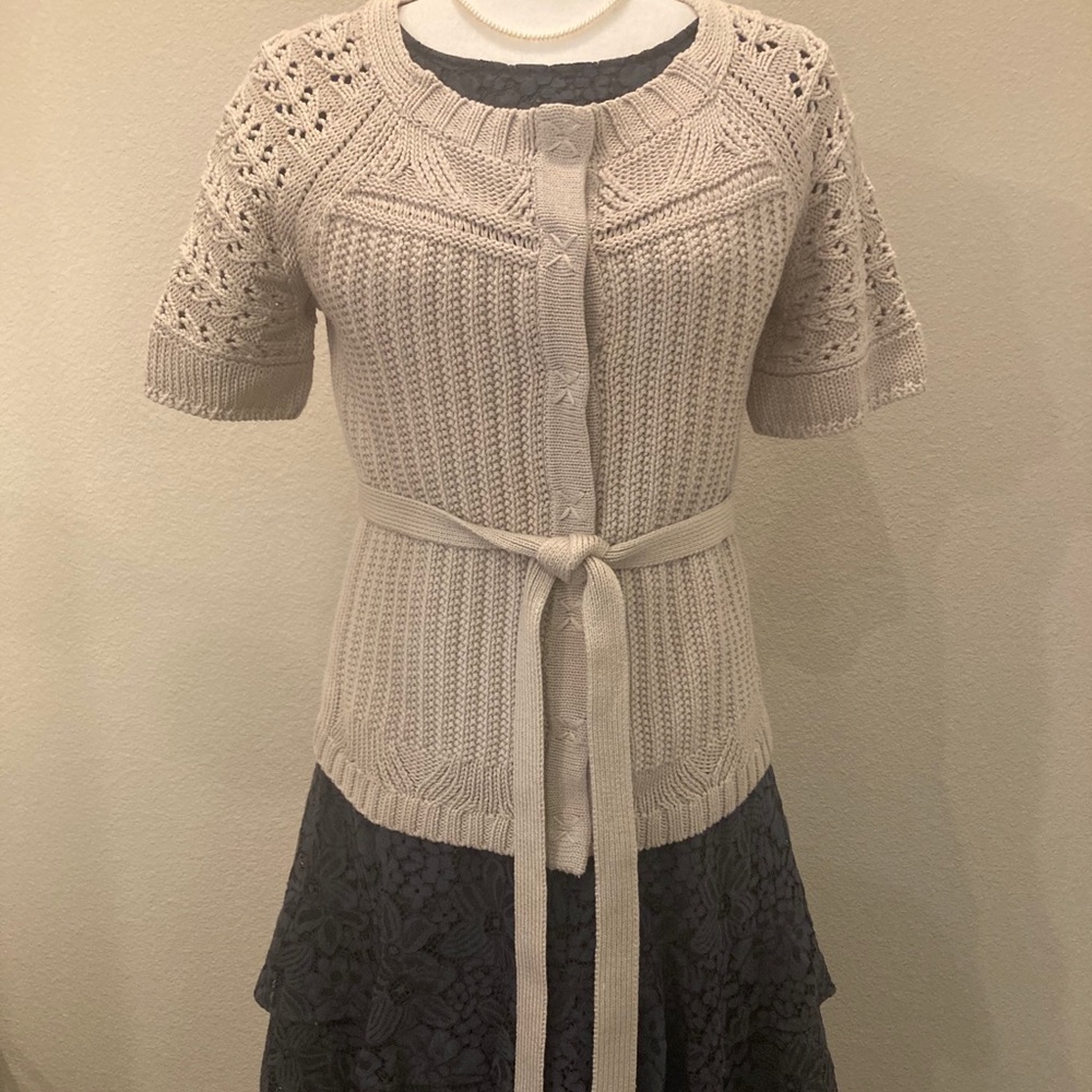 Ellie Tahari Cream Short Sleeve Belted Cardigan